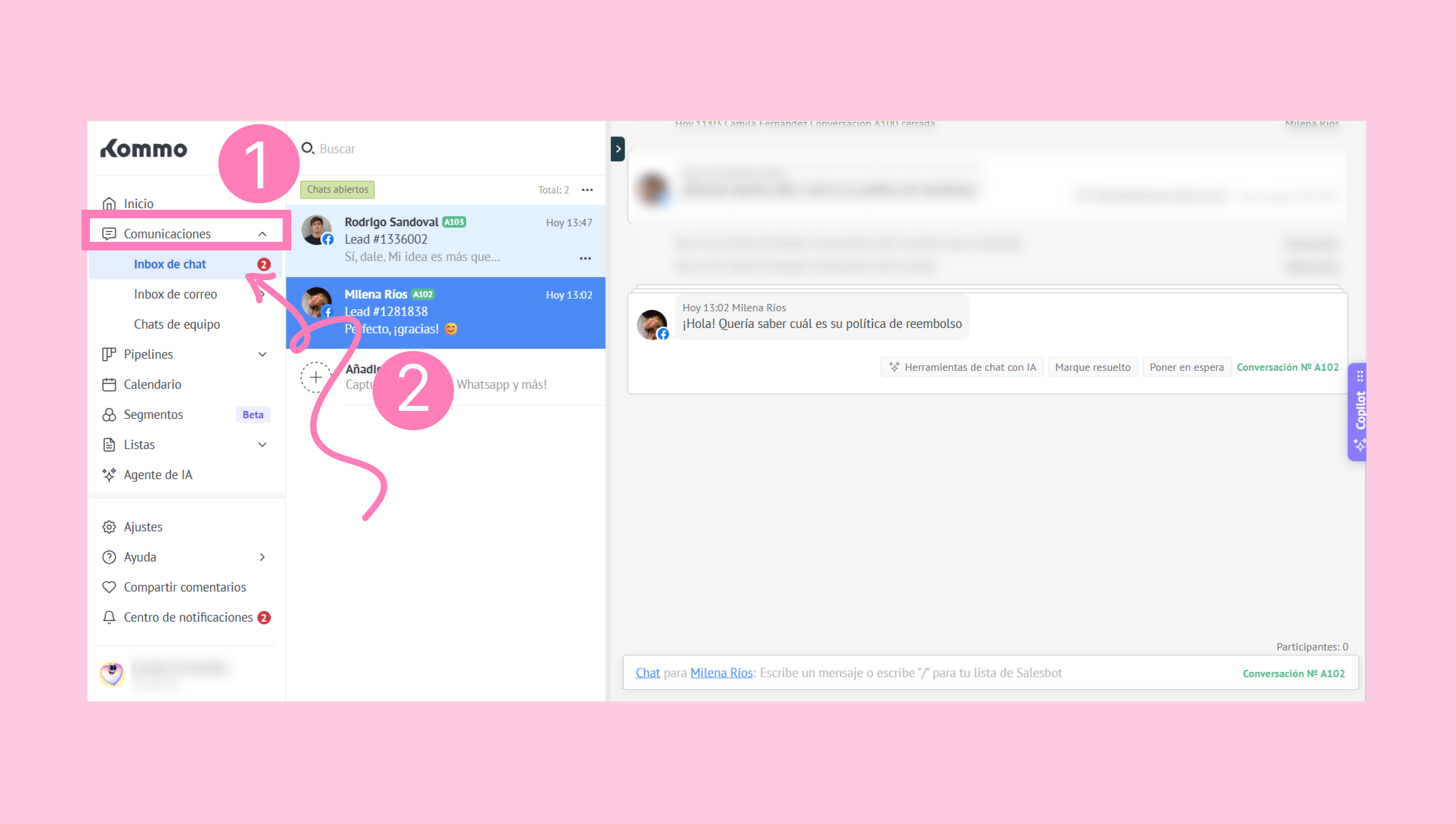 User interface showing chat communications and messages in a messaging application.